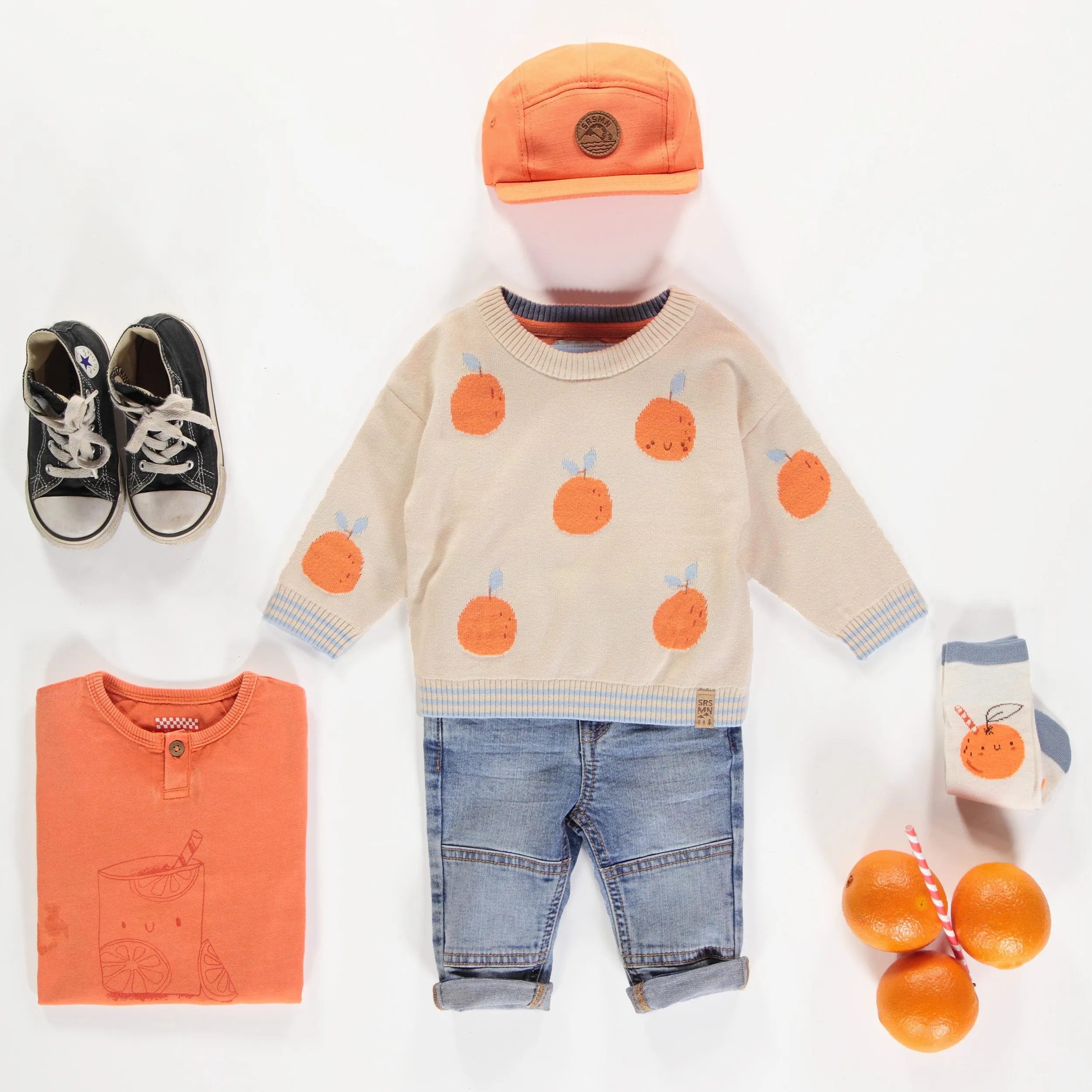 T-shirt à manches courtes orange avec illustration en coton, bébé || Orange short sleeved t-shirt with illustration in cotton, baby