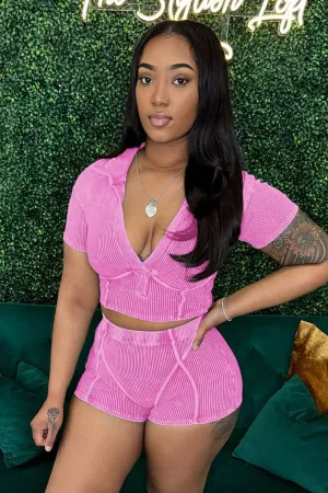 Textured Knit Plunge Neck Short Sleeve Crop Top Plain Shorts 2pcs Set-Pink