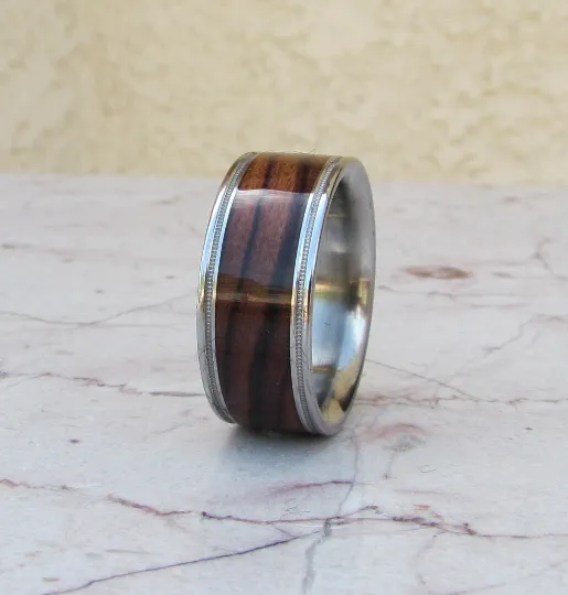 Titanium Wood Ring Exotic Kingwood Wooden Band Mens or Ladies Wedding Ring Milgram Edge - Bands Available in size 4-18 Rings