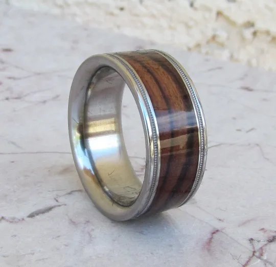 Titanium Wood Ring Exotic Kingwood Wooden Band Mens or Ladies Wedding Ring Milgram Edge - Bands Available in size 4-18 Rings