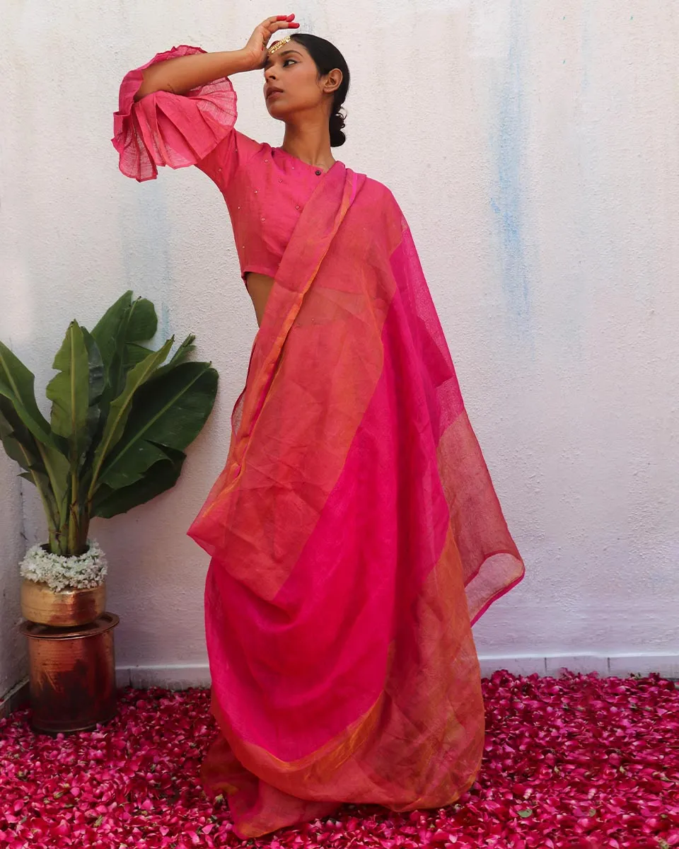 Ujjwala Pink Handwoven Linen Zari Saree - Eknoor