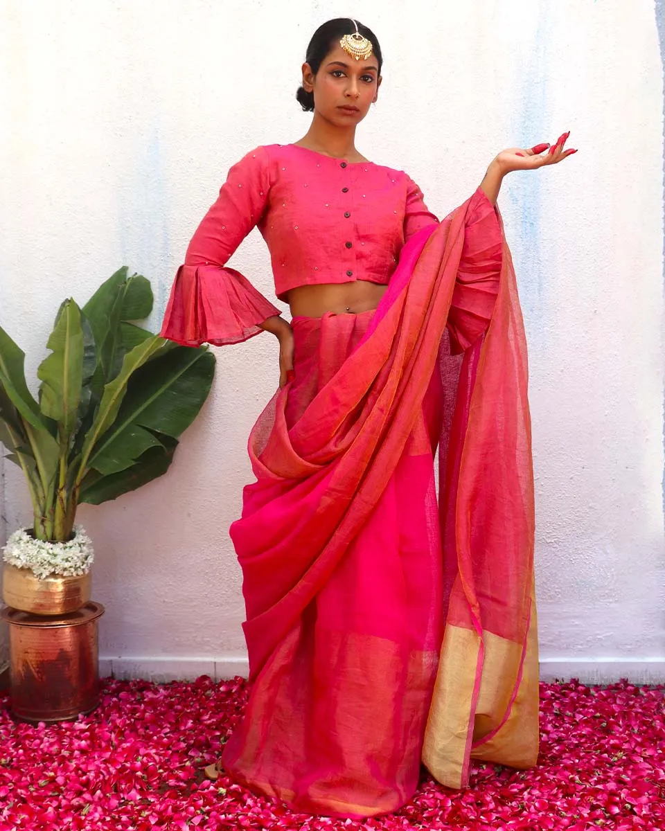 Ujjwala Pink Handwoven Linen Zari Saree - Eknoor