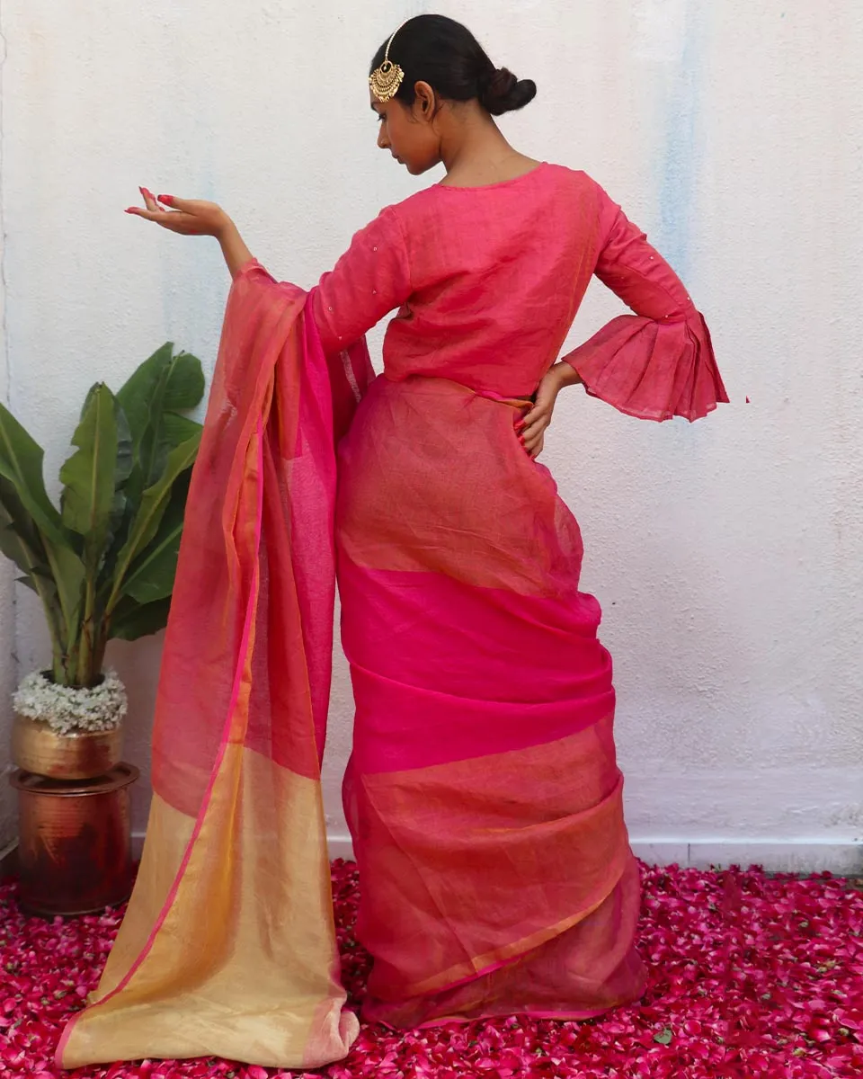 Ujjwala Pink Handwoven Linen Zari Saree - Eknoor