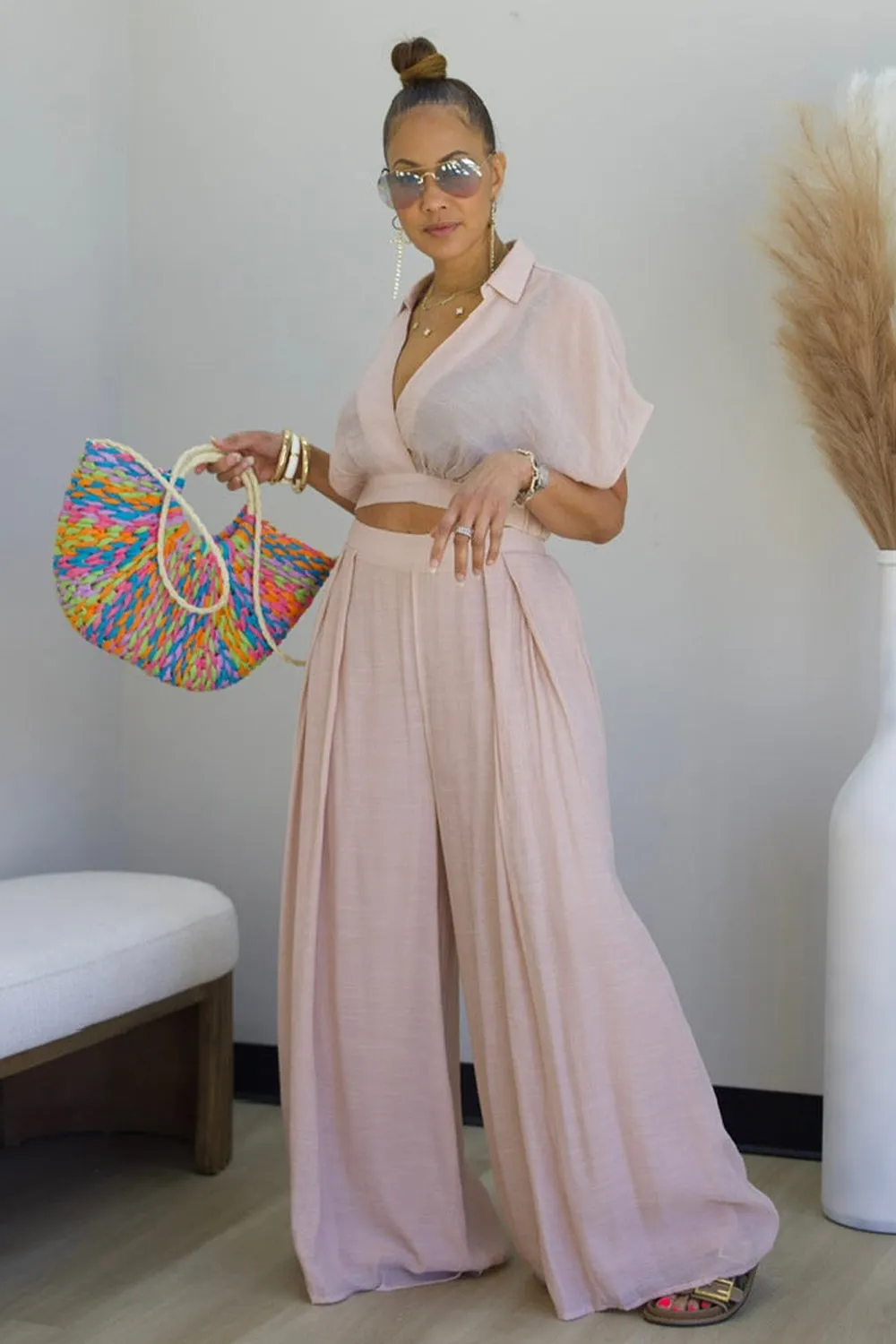 V Neck Dropped Shoulder Blouse Wide Leg Pants 2pcs Set-Pink [Pre Order]