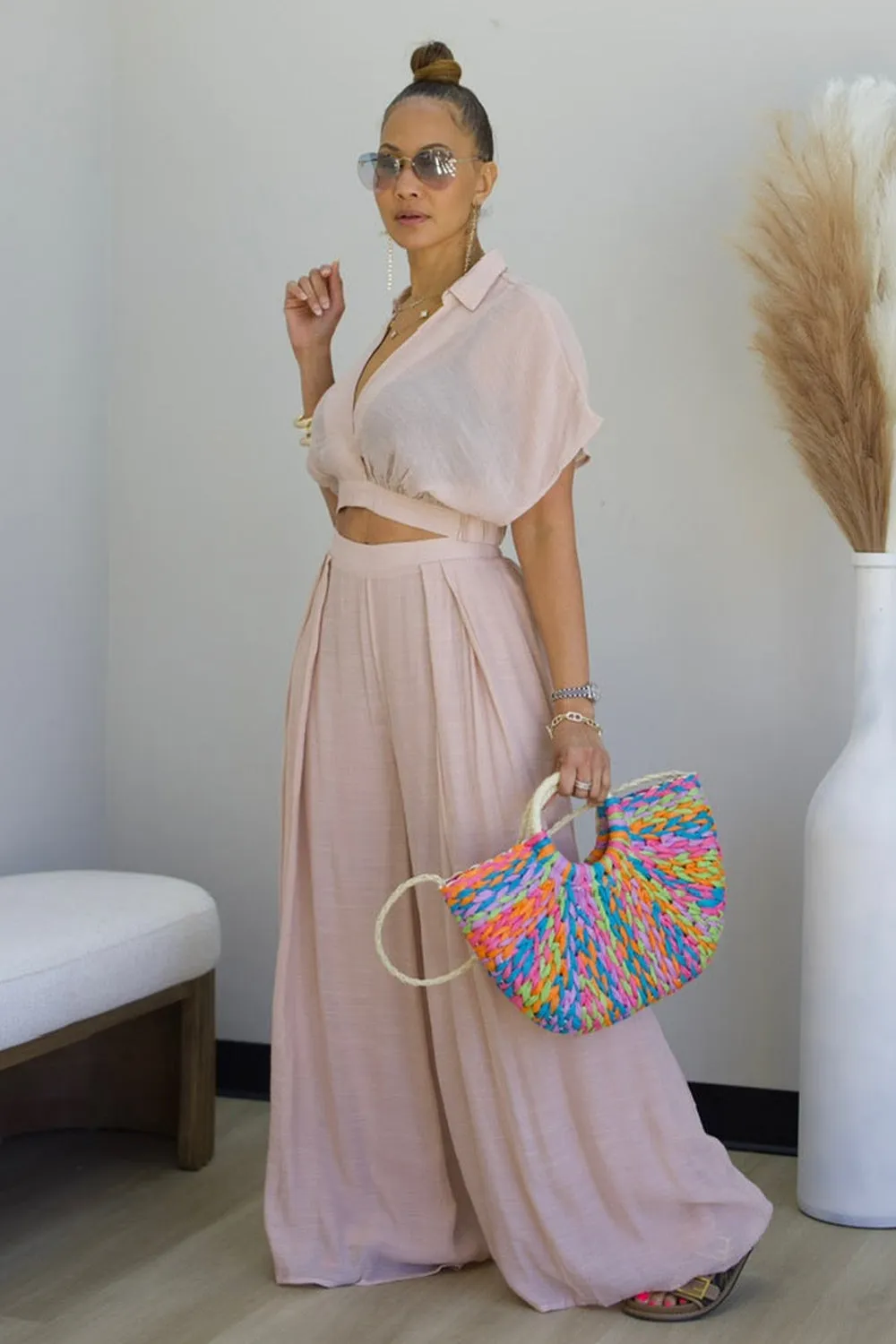 V Neck Dropped Shoulder Blouse Wide Leg Pants 2pcs Set-Pink [Pre Order]