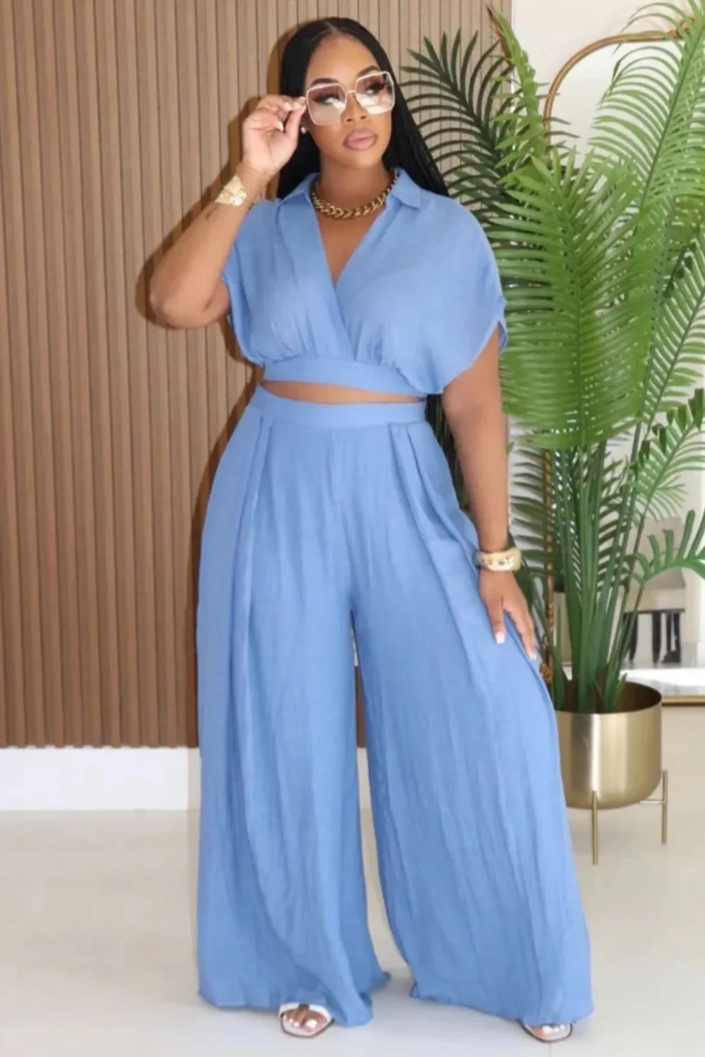 V Neck Dropped Shoulder Blouse Wide Leg Pants 2pcs Set-Pink [Pre Order]