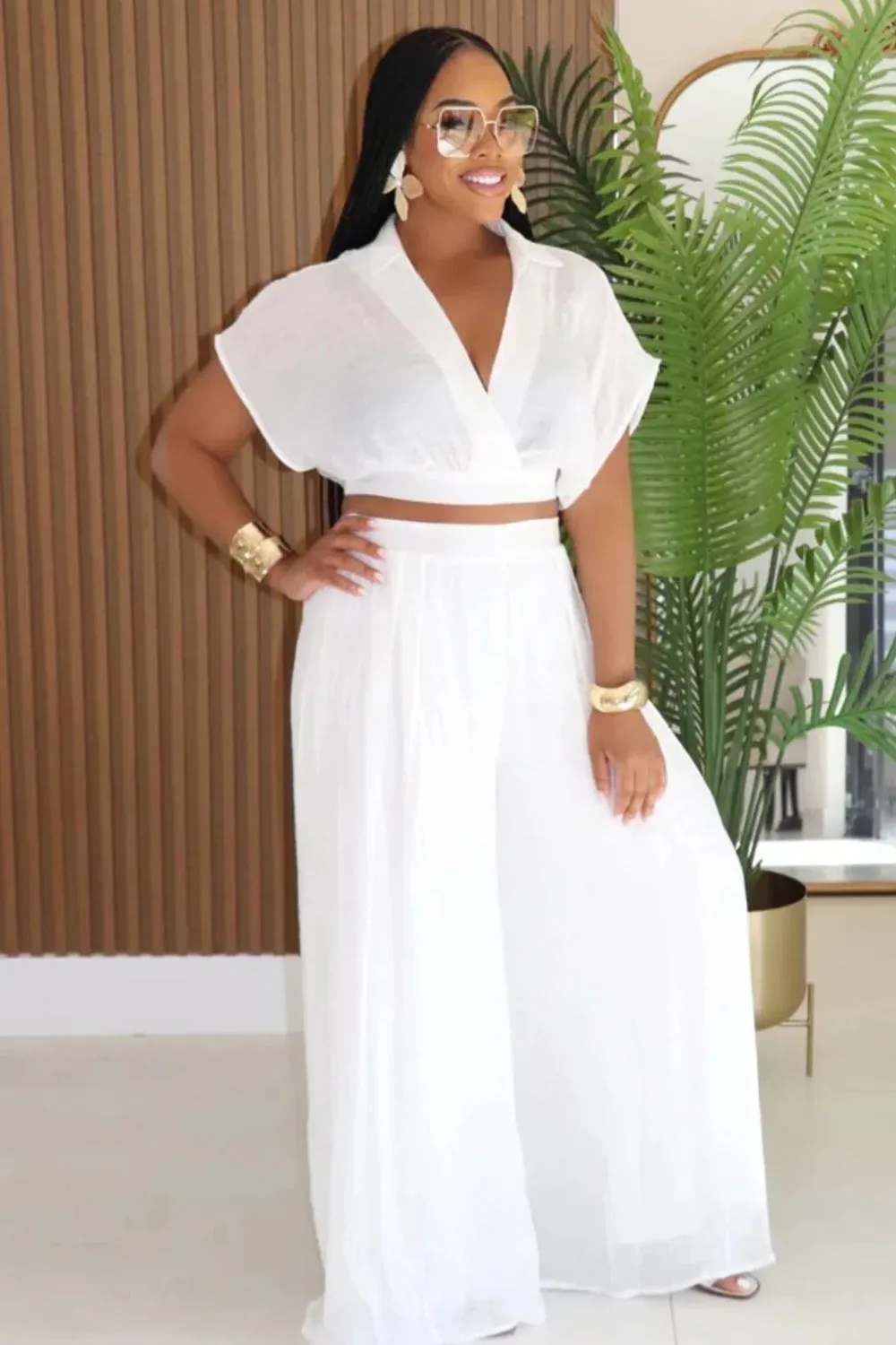 V Neck Dropped Shoulder Blouse Wide Leg Pants 2pcs Set-Pink [Pre Order]