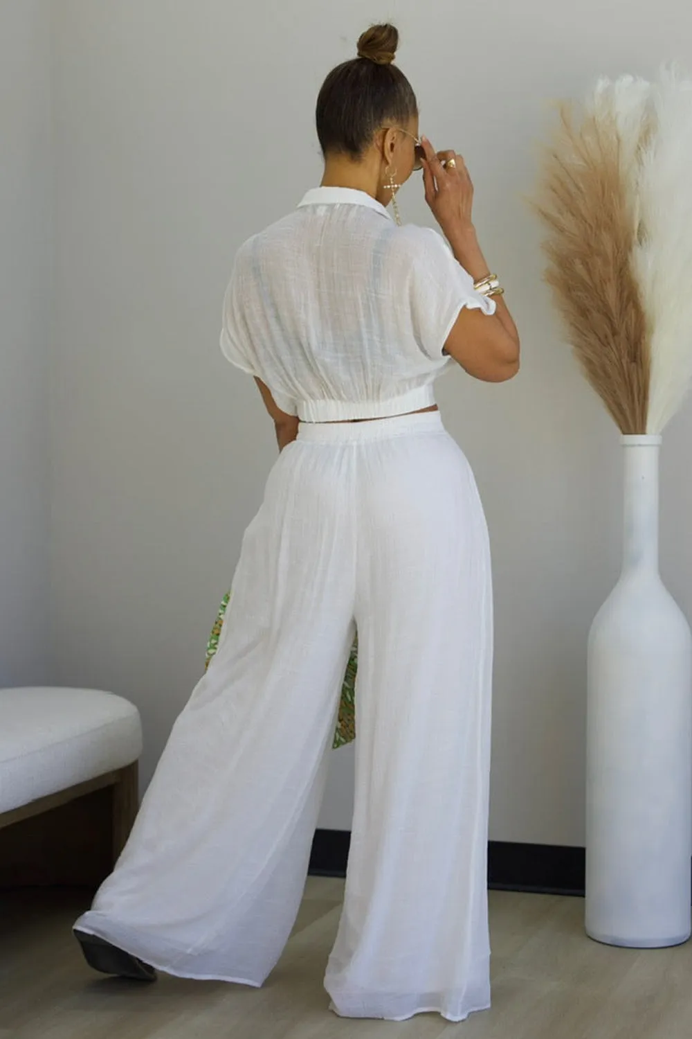 V Neck Dropped Shoulder Blouse Wide Leg Pants 2pcs Set-Pink [Pre Order]