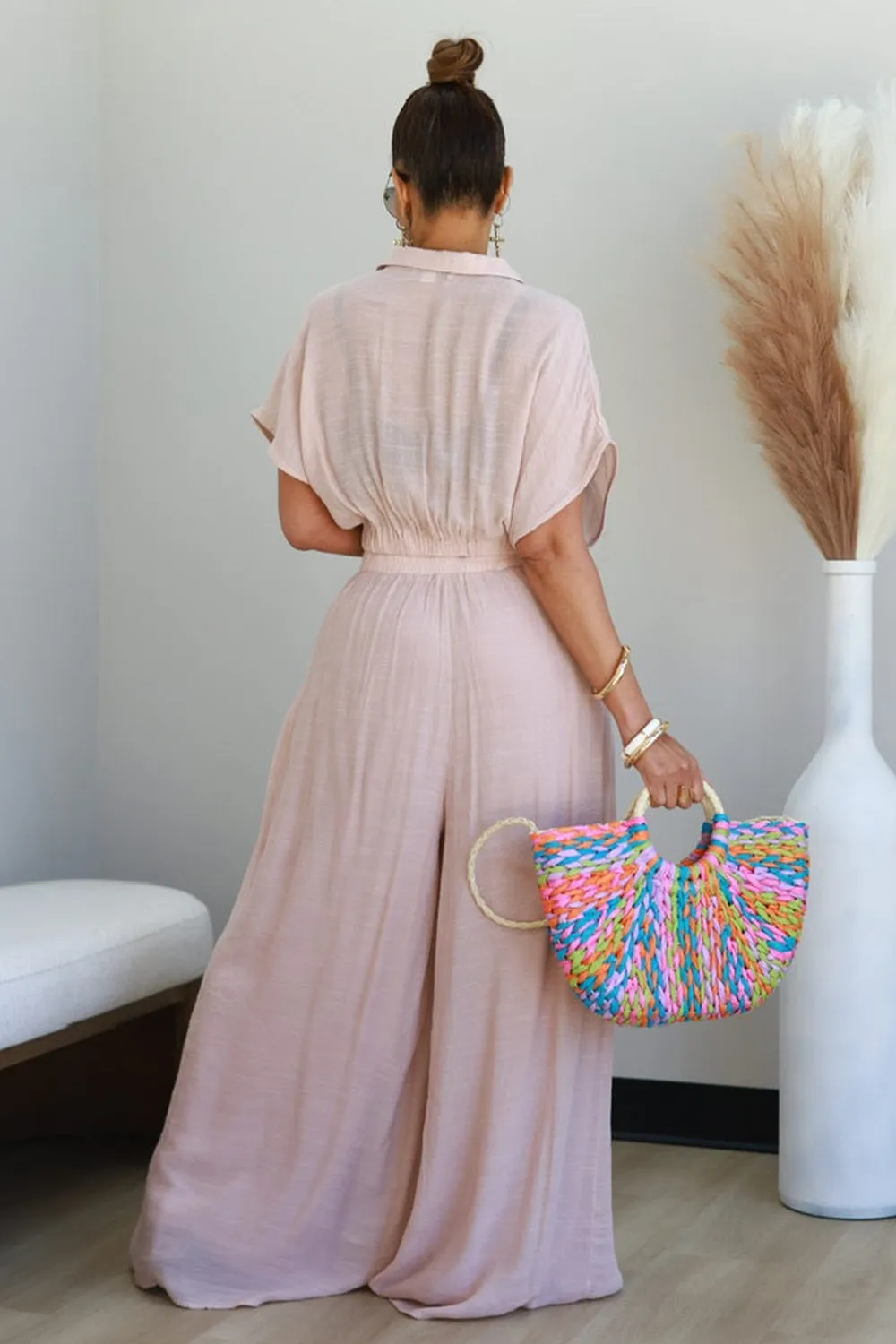 V Neck Dropped Shoulder Blouse Wide Leg Pants 2pcs Set-Pink [Pre Order]