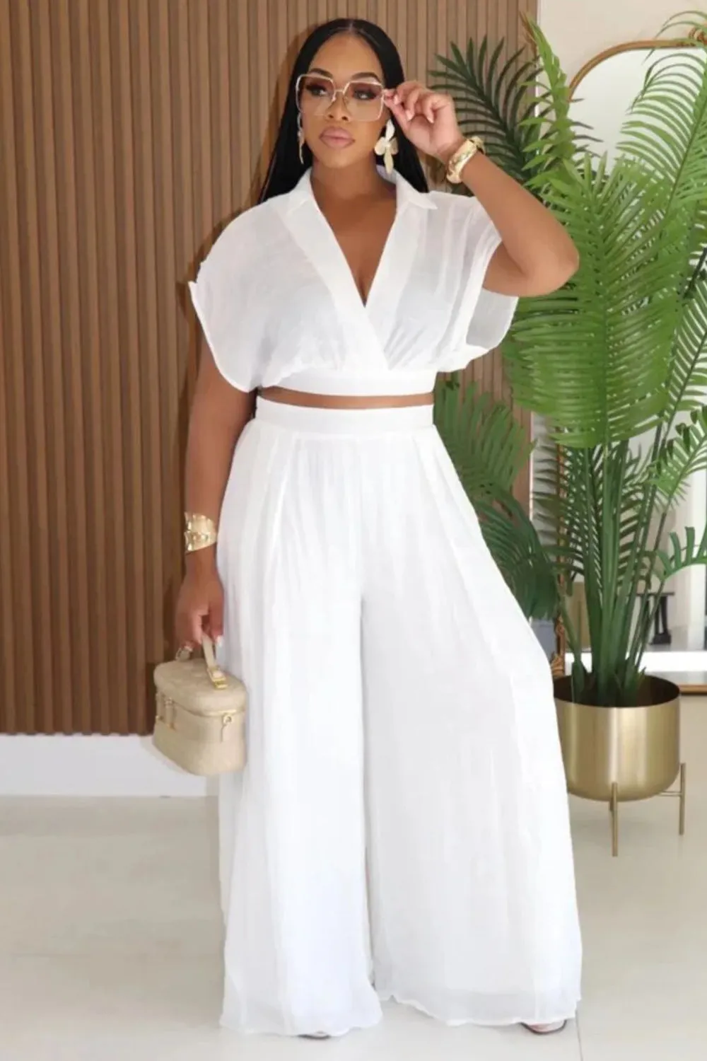V Neck Dropped Shoulder Blouse Wide Leg Pants 2pcs Set-Pink [Pre Order]