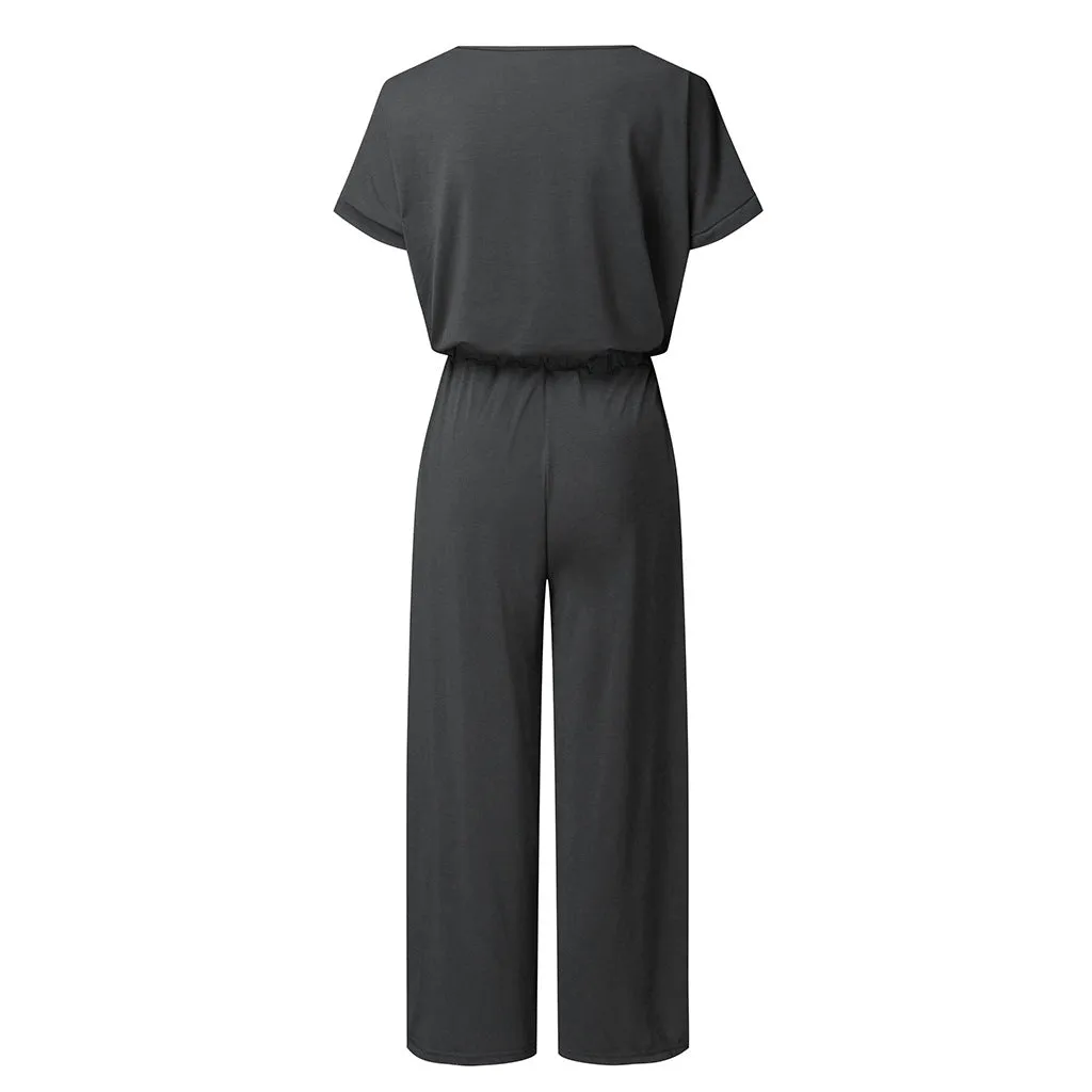 V-neck Elastic Waist Lace-up Jumpsuit Cropped Trousers
