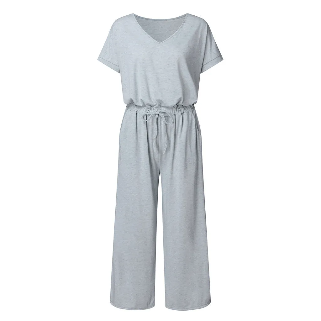 V-neck Elastic Waist Lace-up Jumpsuit Cropped Trousers
