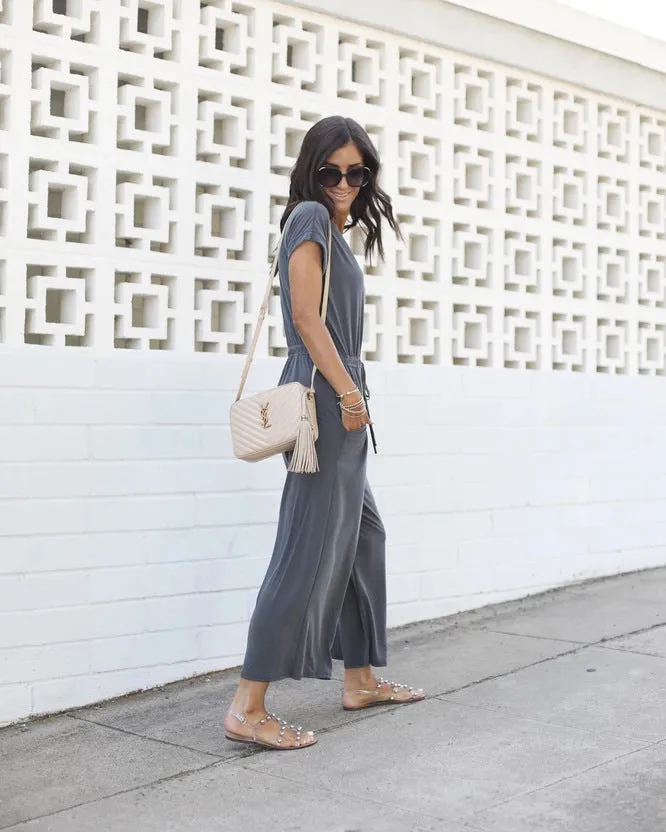 V-neck Elastic Waist Lace-up Jumpsuit Cropped Trousers