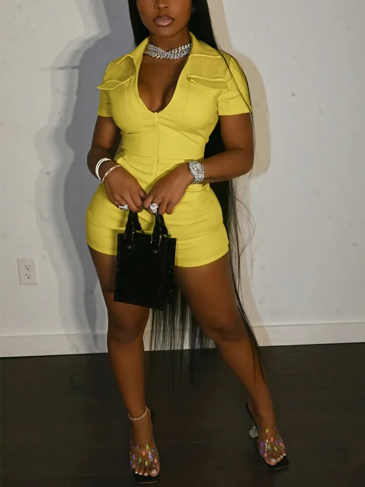 V Neck Zipper Pocket Romper