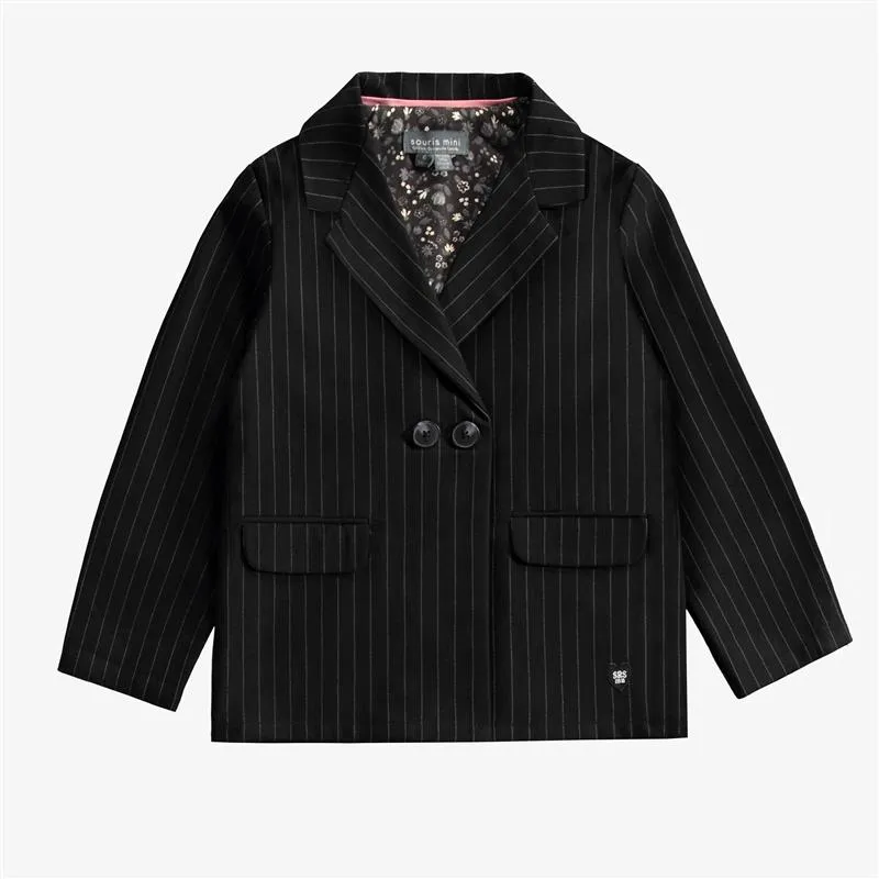 Veston noir et blanc à rayures en gabardine, unisexe, enfant || Black and white striped jacket in gabardine, unisex, child