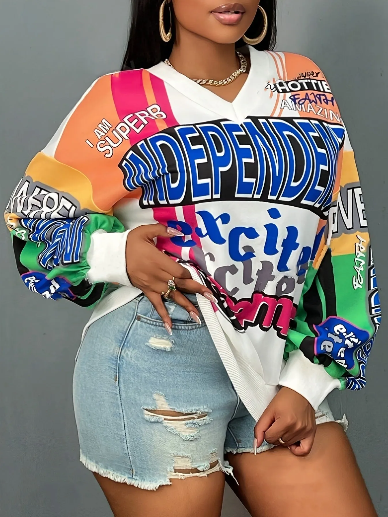 Vibrant Vintage-Inspired Letter Print Long Sleeve V-Neck Top