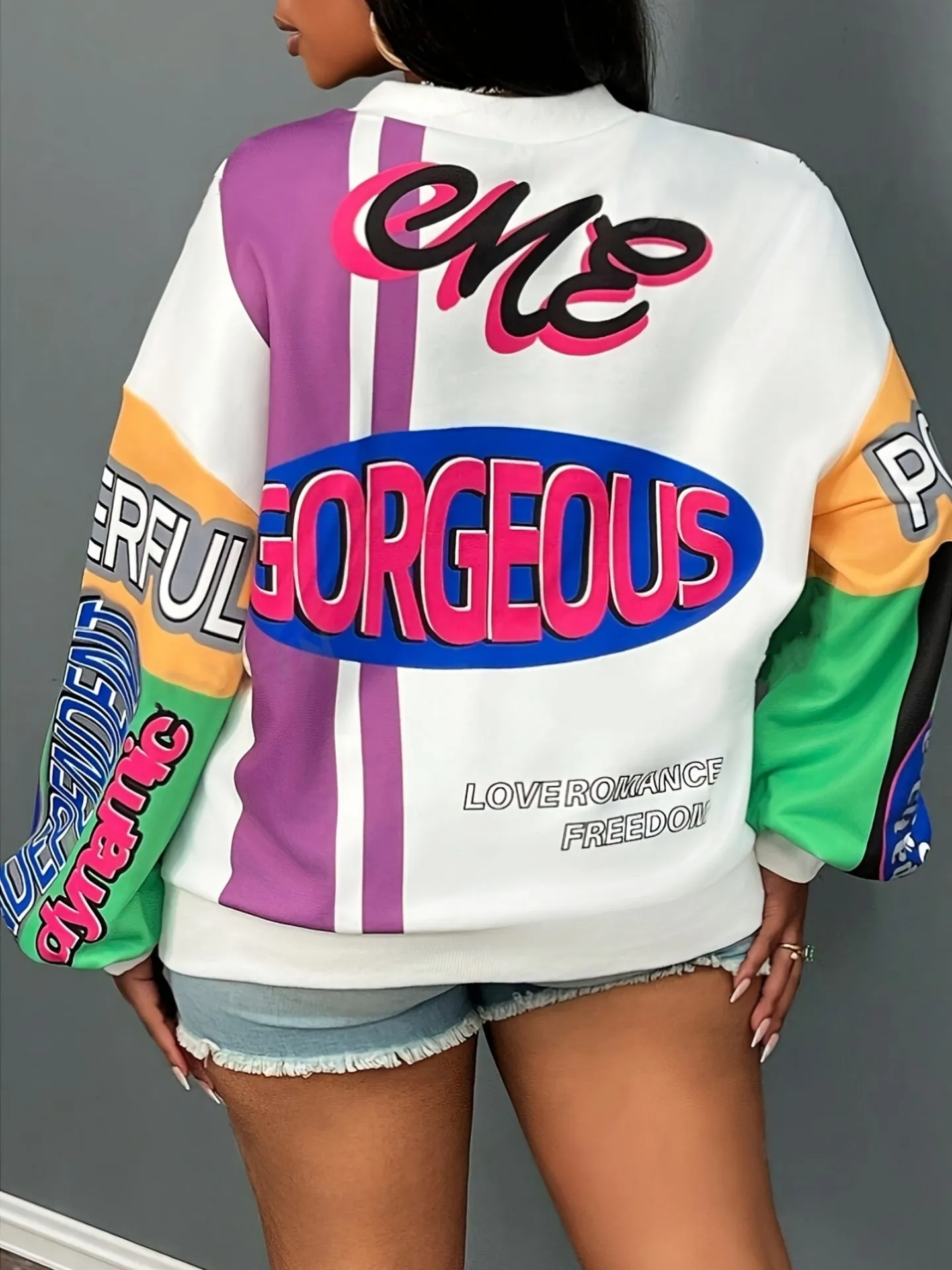 Vibrant Vintage-Inspired Letter Print Long Sleeve V-Neck Top