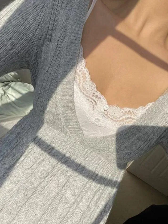 Vintage Grauer V-Ausschnitt Pullover mit Häkel A-Linien-Saum