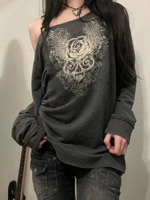 Vintage Graues Sweatshirt mit Rose Druck