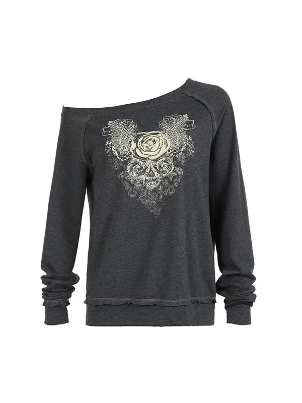 Vintage Graues Sweatshirt mit Rose Druck
