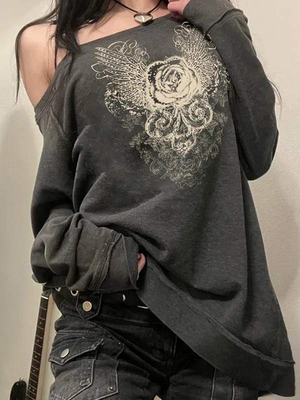 Vintage Graues Sweatshirt mit Rose Druck