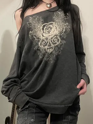 Vintage Graues Sweatshirt mit Rose Druck