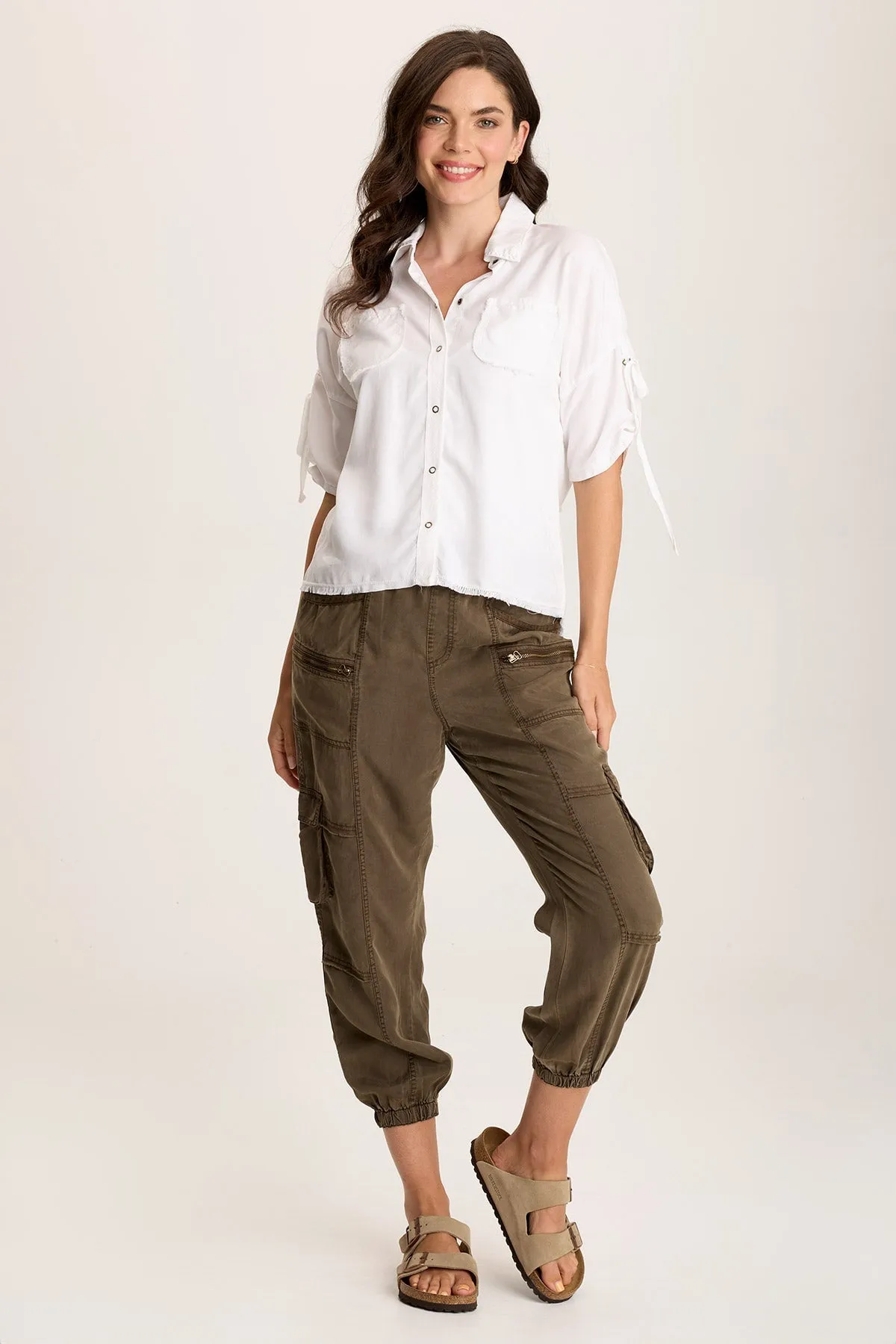 Vinton Twill Jersey Button-Up Collared Top