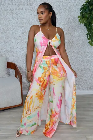 Watercolor Print Cami Long Top Wide Leg Pants 2pcs Set-White [Pre Order]