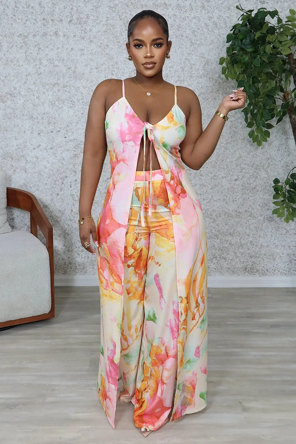 Watercolor Print Cami Long Top Wide Leg Pants 2pcs Set-White [Pre Order]