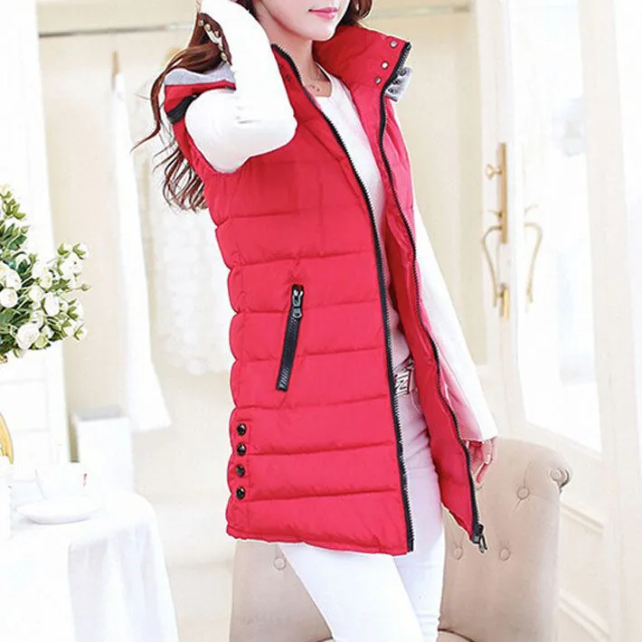 Winter Hooded Vest Women Fashion Waistcoat Plus Size Pockets Zipper Slim Long Style Candy Colors Vests WWV191