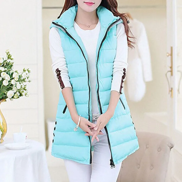 Winter Hooded Vest Women Fashion Waistcoat Plus Size Pockets Zipper Slim Long Style Candy Colors Vests WWV191