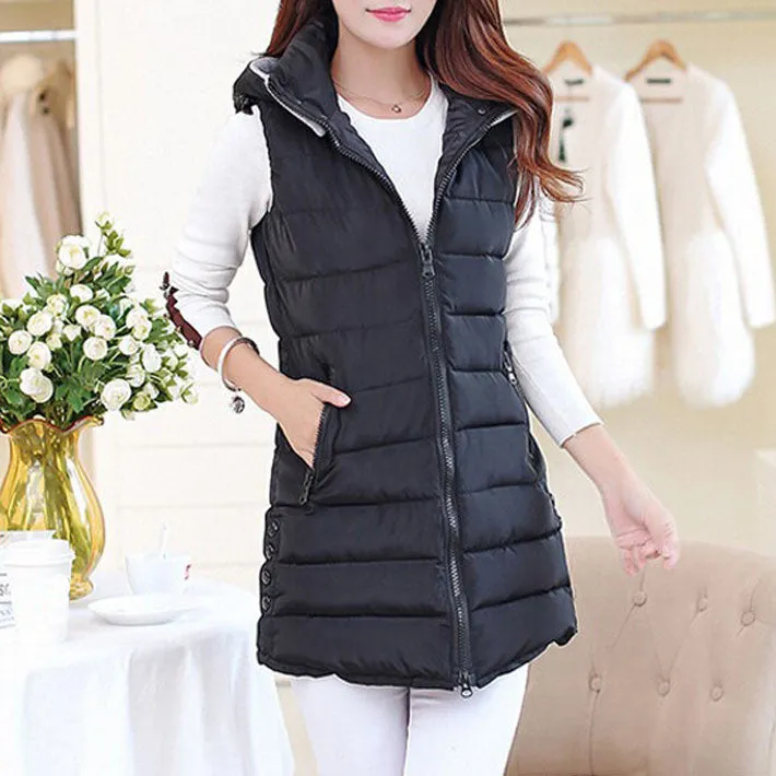 Winter Hooded Vest Women Fashion Waistcoat Plus Size Pockets Zipper Slim Long Style Candy Colors Vests WWV191