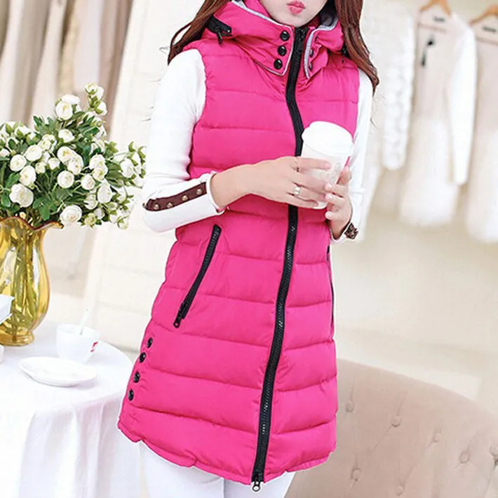 Winter Hooded Vest Women Fashion Waistcoat Plus Size Pockets Zipper Slim Long Style Candy Colors Vests WWV191