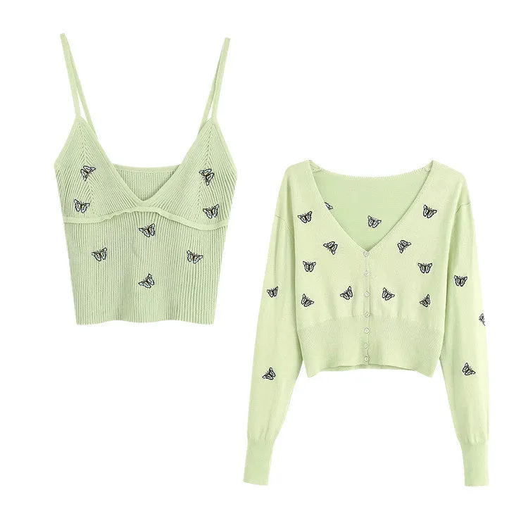Women Fashion Butterfly Embroidery Cropped Knitted Blouses Vintage