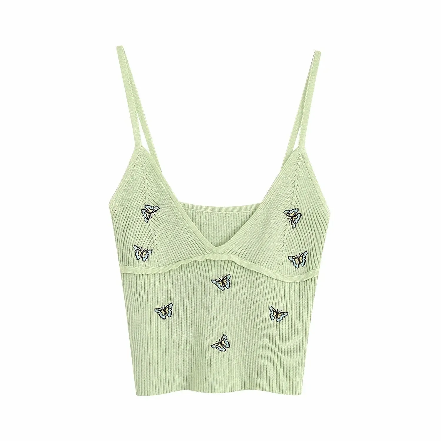 Women Fashion Butterfly Embroidery Cropped Knitted Blouses Vintage