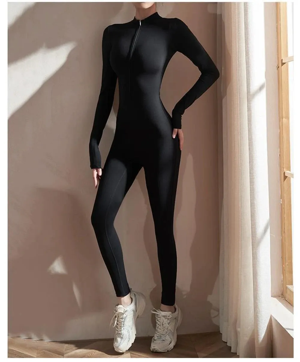 Women Jumpsuits Long Sleeve Yoga Slim Fit Stretch One Piece Romper Sexy Fitness Female Black Basic Sport wears Tight Zipper