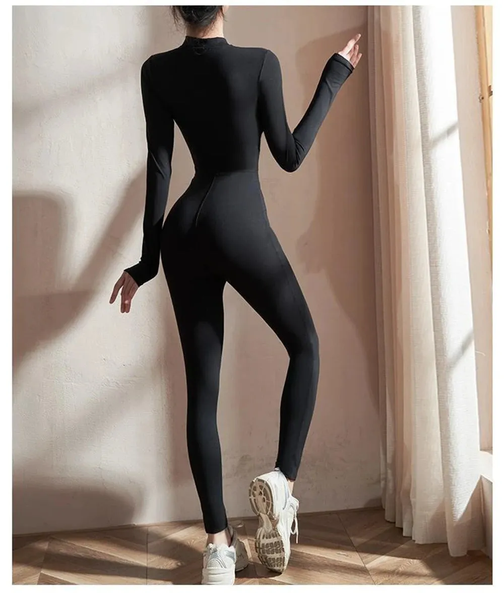 Women Jumpsuits Long Sleeve Yoga Slim Fit Stretch One Piece Romper Sexy Fitness Female Black Basic Sport wears Tight Zipper