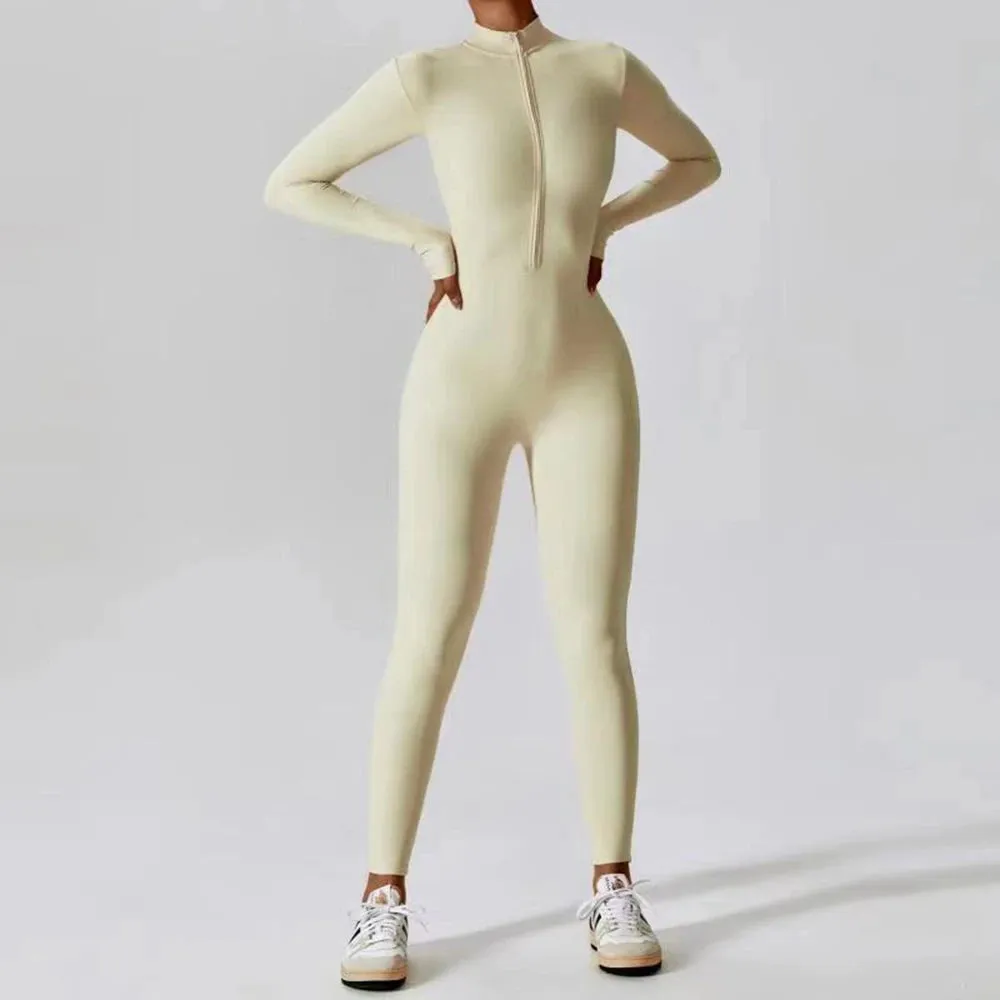 Women Jumpsuits Long Sleeve Yoga Slim Fit Stretch One Piece Romper Sexy Fitness Female Black Basic Sport wears Tight Zipper