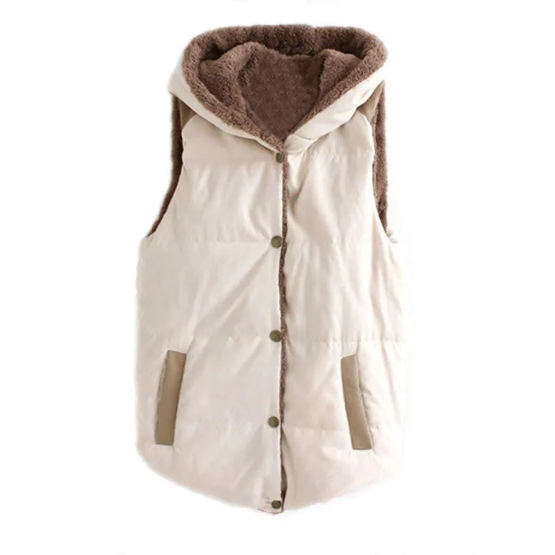Women Warm Waistcoats Length Jacket Hooded Thick Cotton Velvet Sleeveless Vests Plus Size