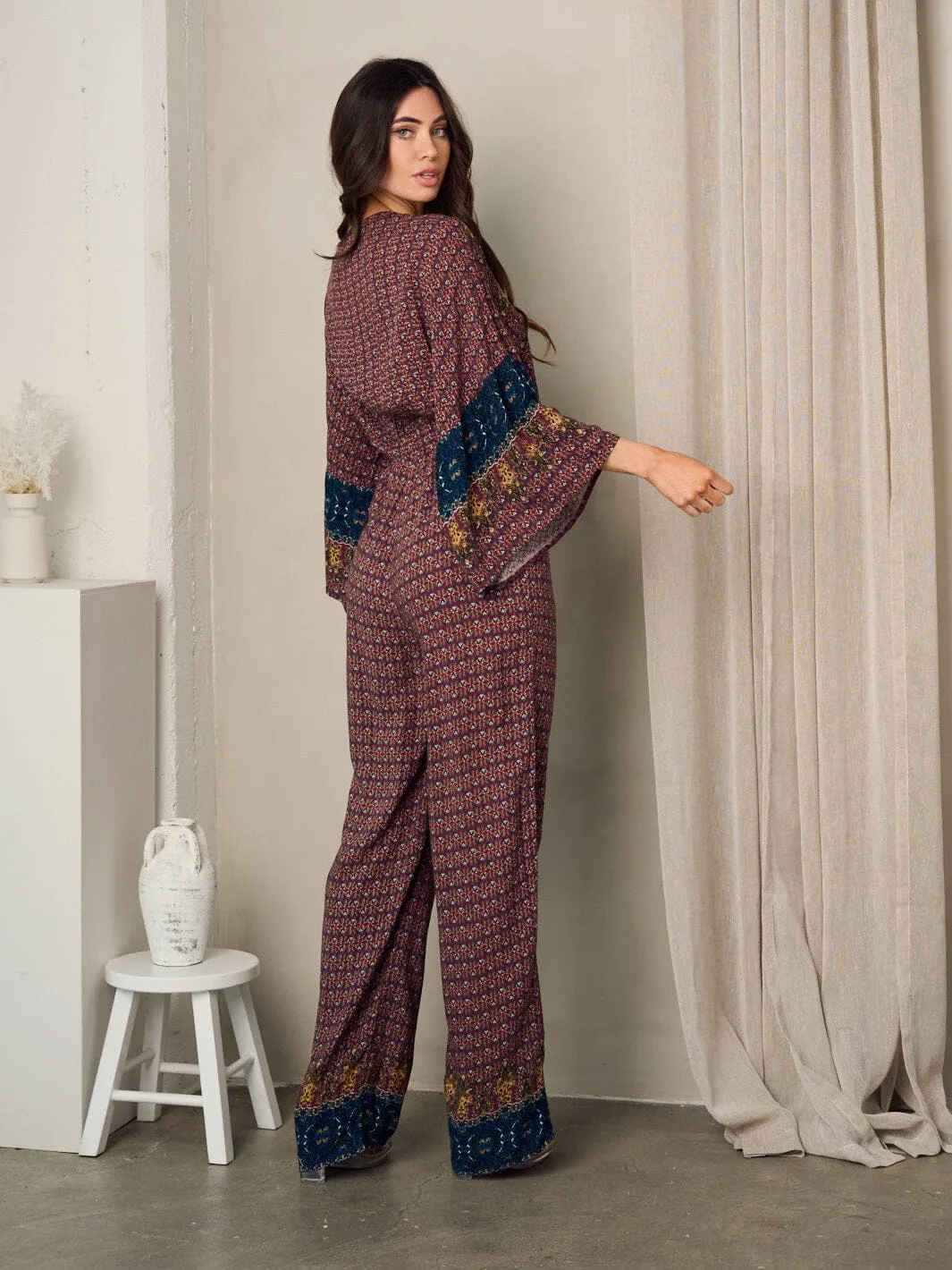 WOMEN'S 3/4 BELL SLEEVE SURPLICE MULTI PRINT JUMPSUIT