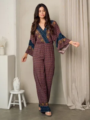 WOMEN'S 3/4 BELL SLEEVE SURPLICE MULTI PRINT JUMPSUIT