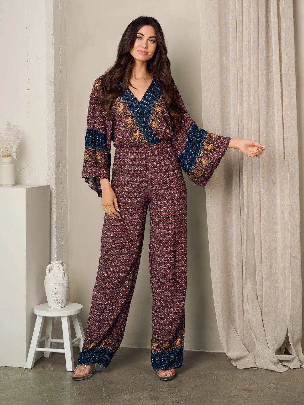 WOMEN'S 3/4 BELL SLEEVE SURPLICE MULTI PRINT JUMPSUIT