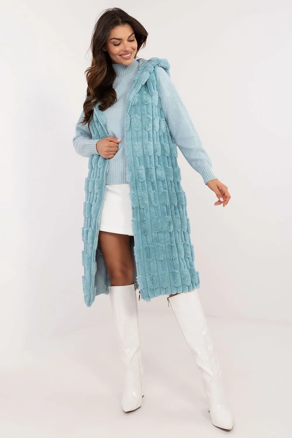 Women's Blue Knee Length Furry Vest Gilet