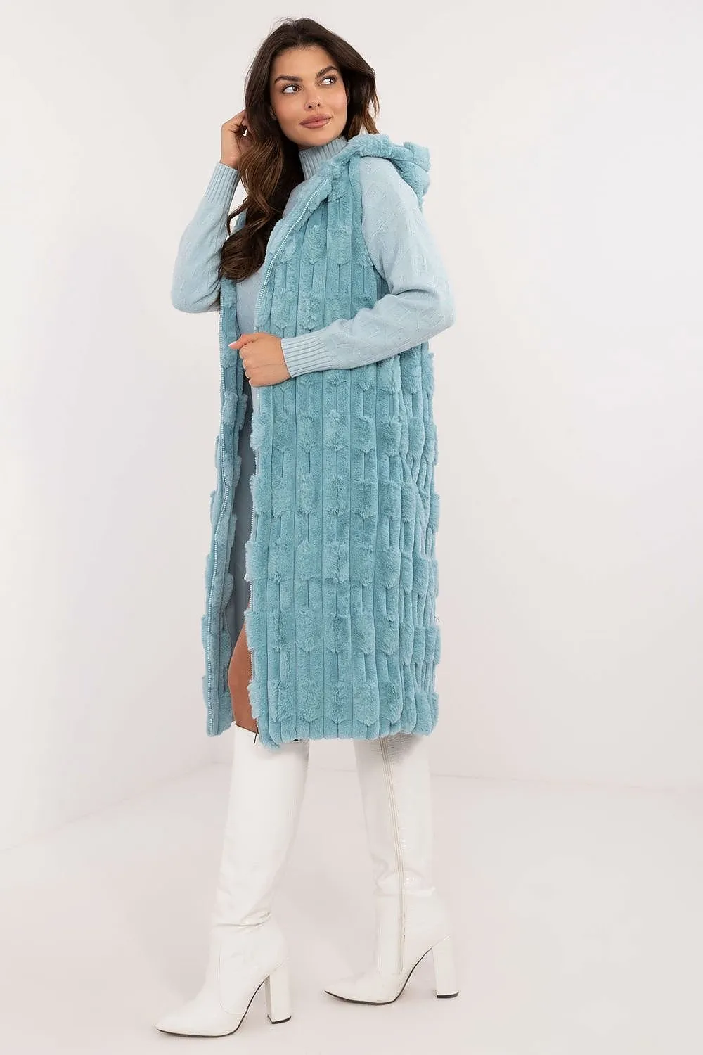Women's Blue Knee Length Furry Vest Gilet