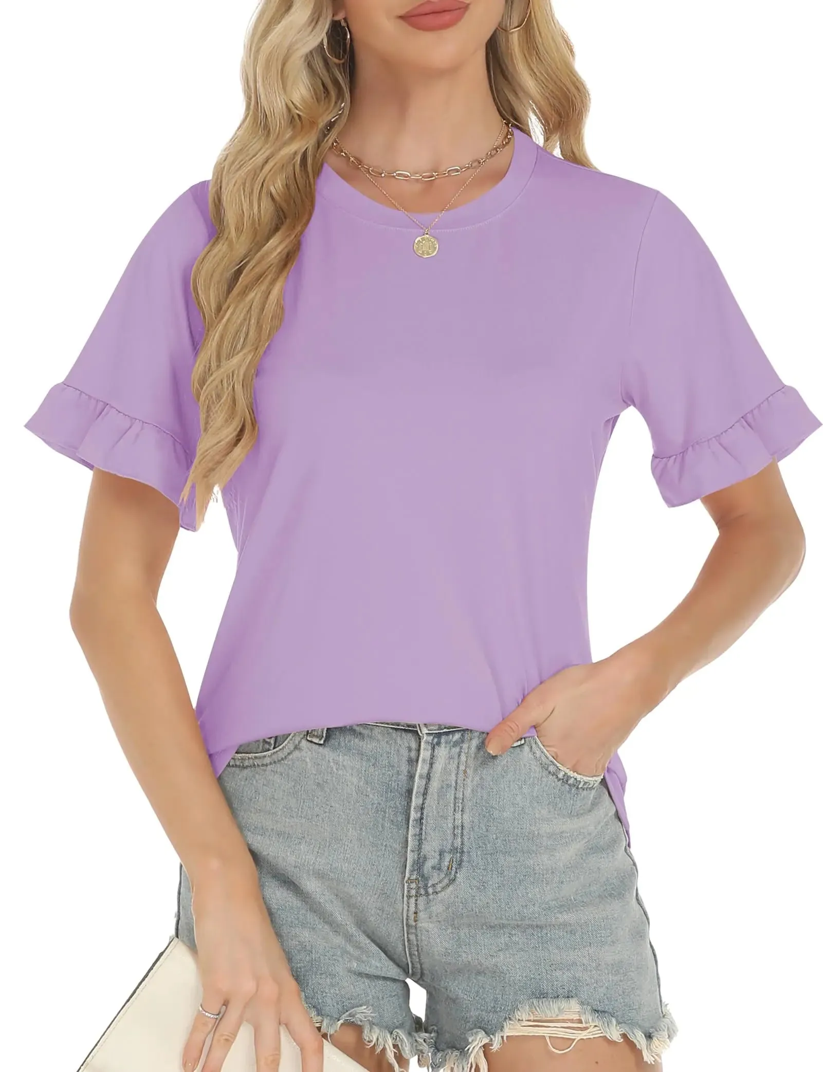 Womens Casual Ruffle Short Sleeve Shirt