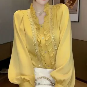 Women's Clothing Commute Solid Color Blouse Summer Korean Straight Stylish Ruffles Patchwork Elegant Lace Single-breasted Shirt