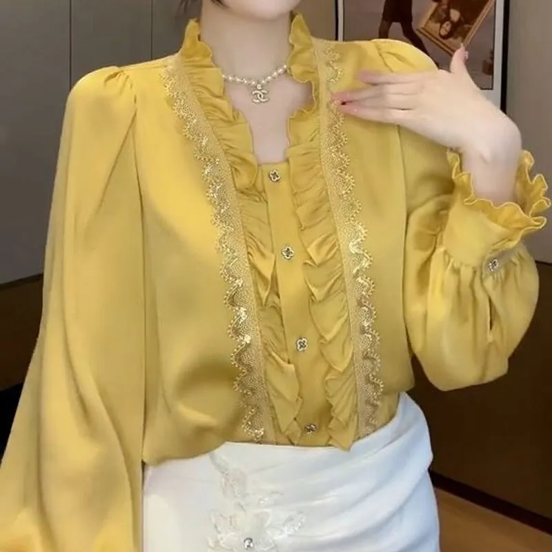 Women's Clothing Commute Solid Color Blouse Summer Korean Straight Stylish Ruffles Patchwork Elegant Lace Single-breasted Shirt