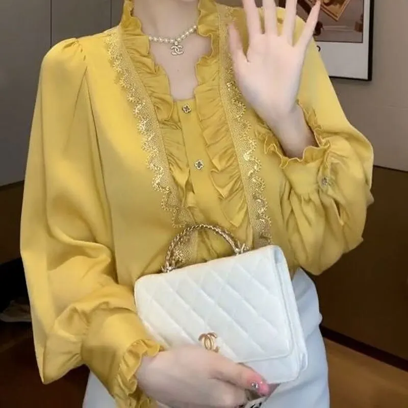 Women's Clothing Commute Solid Color Blouse Summer Korean Straight Stylish Ruffles Patchwork Elegant Lace Single-breasted Shirt