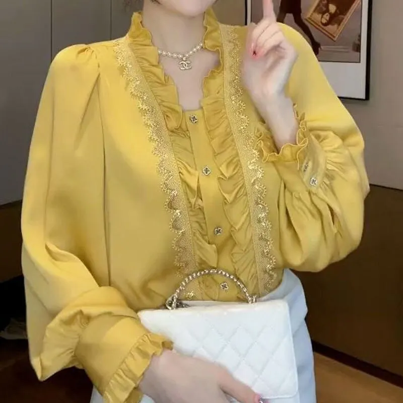 Women's Clothing Commute Solid Color Blouse Summer Korean Straight Stylish Ruffles Patchwork Elegant Lace Single-breasted Shirt