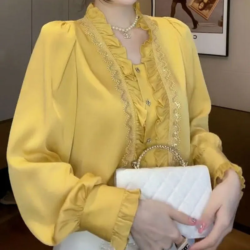Women's Clothing Commute Solid Color Blouse Summer Korean Straight Stylish Ruffles Patchwork Elegant Lace Single-breasted Shirt
